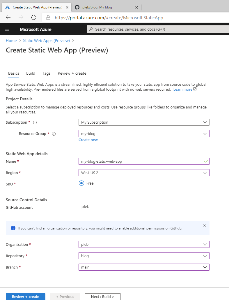 Azure portal static web app